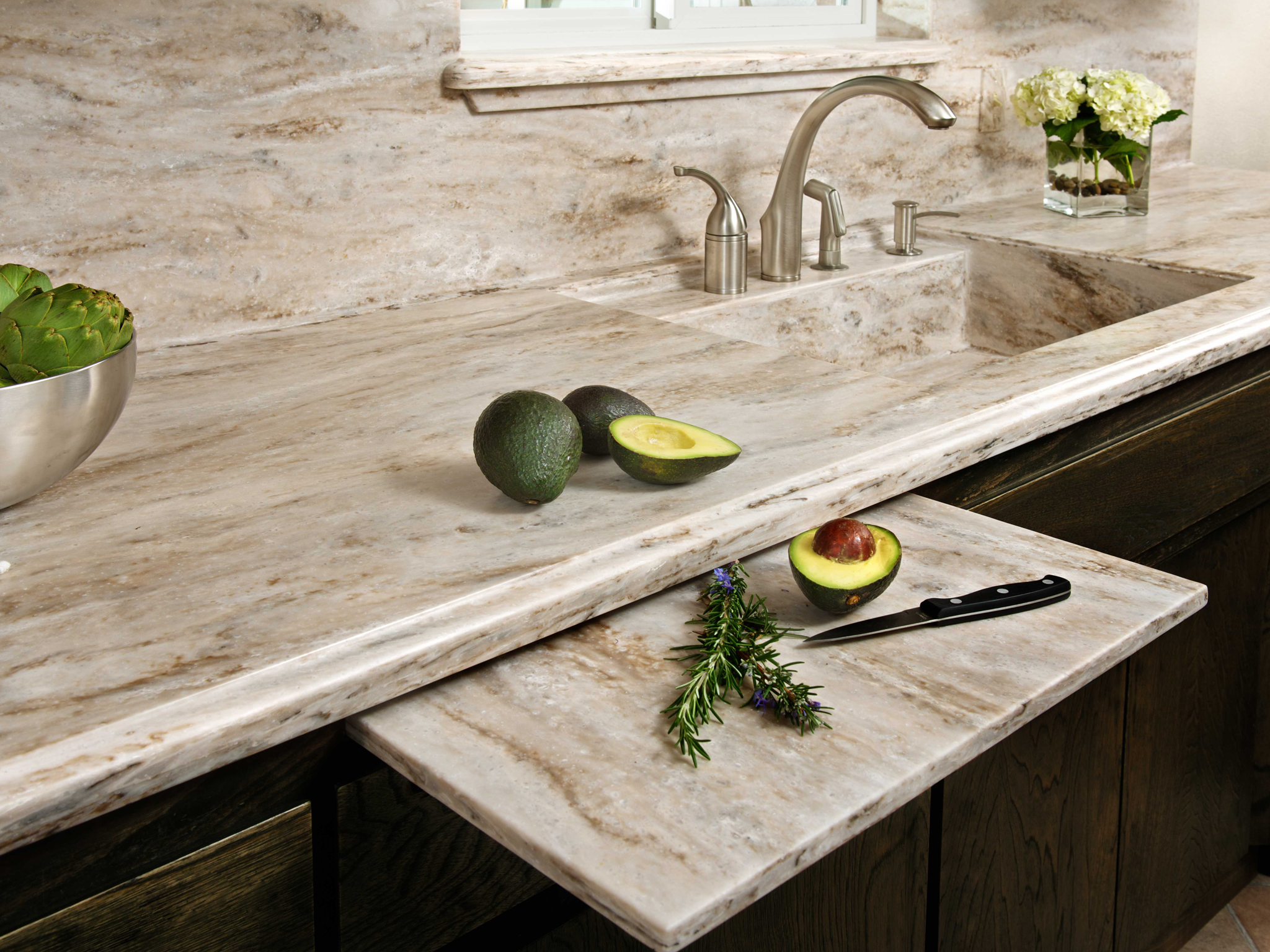 solid surface countertop and custom sink made with corian in color sandalwood